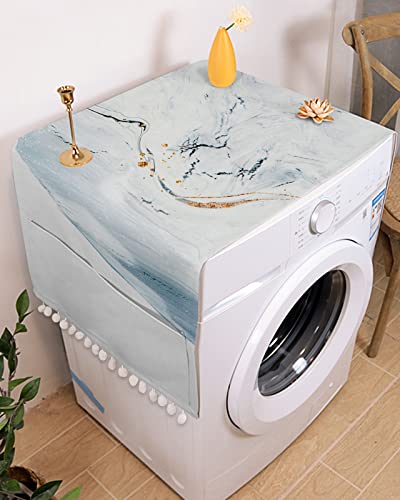 Fridge Dust Cover, Navy Blue Marble Washing Machine Top Covers With 4 Storage Pockets, Modern Yellow Lines Abstract Art Aesthetics Kitchen Refrigerator Covers Protector Storage Bags, 28" X 67" #TOP1