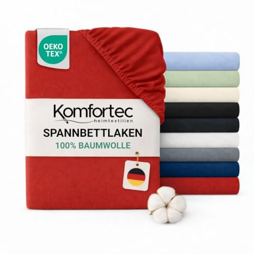 Komfortec Spannbettlaken Jersey 100% Baumwolle – 140x200 cm – 135g/m² – Weich, Atmungsaktiv & Hautfreundlich – Mit Rundumgummi – Oeko-Tex Zertifiziert – Für Boxspring, Topper & Matratzen – Rot