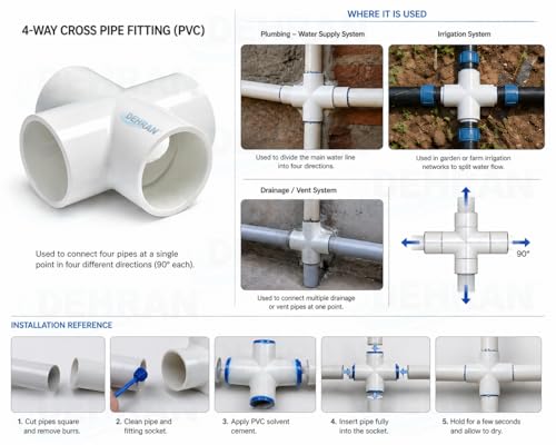 Image of DEHRAN UPVC Cross Tee Pipe Fitting 25mm(3 /4 Inch) | Durable White UPVC Connector for Home & Industrial Plumbing