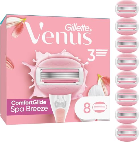 Gillette Venus – Juego de 8 recambios de afeitadora para mujeres ComfortGlide Spa Breeze, autépticas, barras perfumadas, sin necesidad de gel de afeitar, cartuchos de 3 cuchillas diseñados para cuerpo