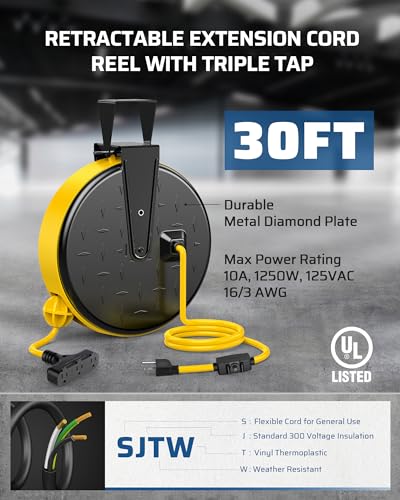 Dewenwils HCRC30A 30 Ft Retractable Extension Cord Reel, Ceiling/Wall Mount 16/3 Gauge Sjtw Power Cord With 3 Electrical Outlets Pigtail thumb #2