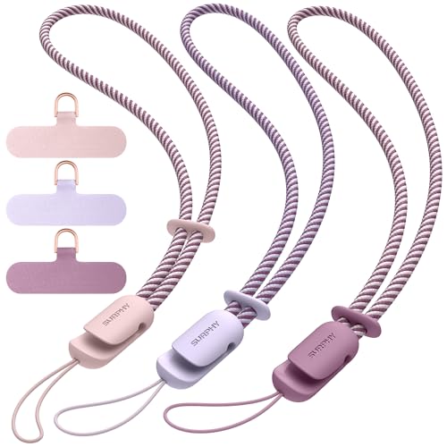 SURPHY 3 Cordón Ajustable para Móvil con Parche Duraderos,Correa de Muñeca,Colgante Antirrobo Movil para Teléfonos Móviles,Cámaras y Dispositivos USB,Rosa & Lila & Lila Purpura