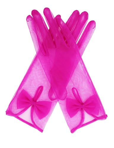 QRBTSCL Womens Short Tea Party Gloves Tulle Gloves with Bowknot Mesh Glove Wedding Bridesmaids Evening Party Glove Hot Pink
