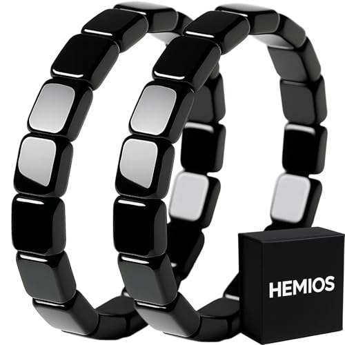Hemios Hematite Bracelet Men Natural Hematite Stone Beaded Stretch Hematite Bracelet - Reignites Masculine Energy Boost Confidence & Energy Inspirational Gift Jewelry (2Pcs)
