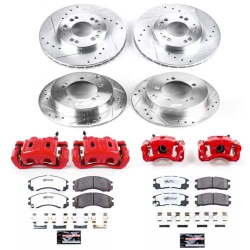 Image of PowerStop Front and Rear Brake Kit for Mitsubishi Eclipse 2000 |Galant 1999-00 - Z26 Carbon-Fiber Ceramic Brake Pads + Drilled & Slotted Disc Rotors + Red-Powder Coated Calipers, KC802A-26