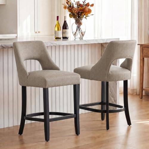 Image of UVV Bar Stools Set of 4, Upholstered Counter Height Bar Stools, Modern Counter Stools with Wood Legs for Kitchen Island Dining Room Bar, Khaki-Black Legs