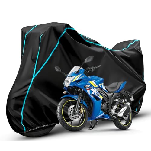 Image of Waterproof Bike Body Cover Compatible with Suzuki Gixxer Dustproof Scratchproof - Motorcycle Cover for Two Wheeler, Outdoor Full Cover with UV, Duty, Rain Protection (Black & Aqua) R1