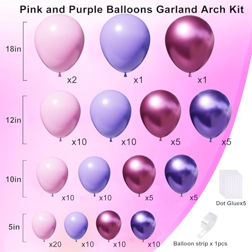 Image of Pink and Purple Balloons Garland Arch Kit, Metallic Pink and Purple Latex Balloons for Girl Women Birthday Bridal Baby Shower Party Decoration