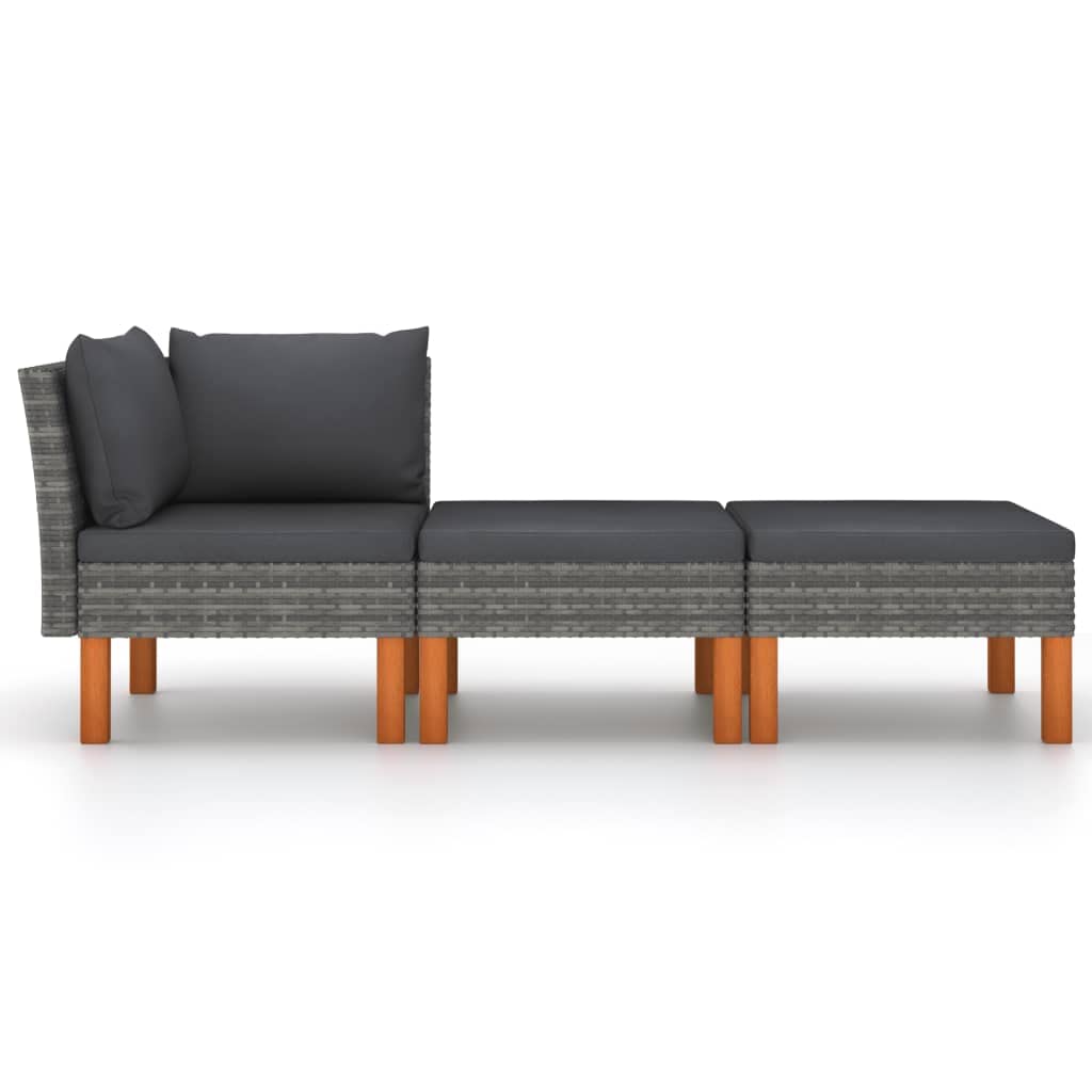 Gartenmöbel-Set, 3-teilig, Polyrattan, Grau | Pulverbeschichteter Stahl, Eukalyptus-Beine, abnehmbare Kissen, Ecksofa 64,5 cm