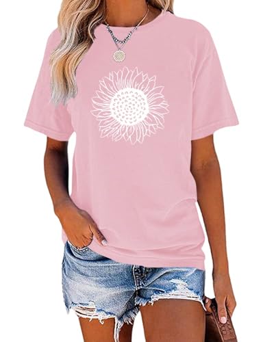 Cicy Bell Damen Sonnenblumen Kurzarm T-Shirts Vintage Niedlich Grafik Rundhals Sommer Lässig Oberteile Tops rosa M