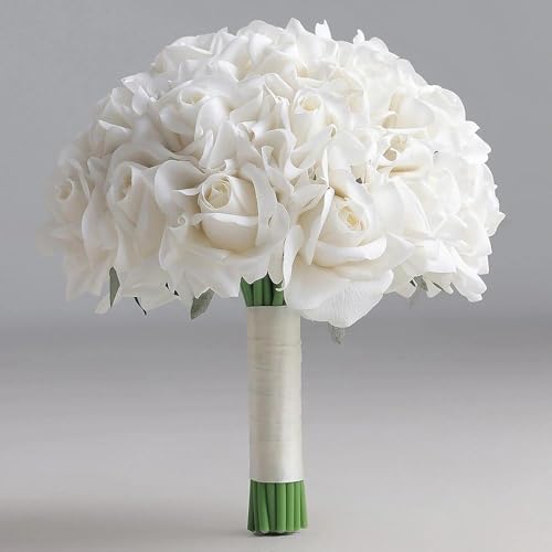 JoyKnotique 10 Inch Wedding Bouquets for Bride, Morandi Ivory Cream White Real Touch Rose Bridal Bouquet, Artificial Flower Bouquet for Wedding Ceremony, Prom, Bridal Shower