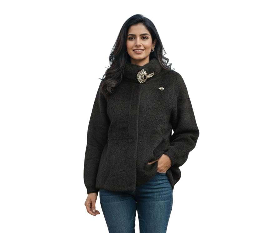 patolaswag Women Sweater for Winter Woollen Fur Warm Stretch Relax Fit Coat Sweaters for Women Winter | Charcoal Black (Size XL)-picture-26