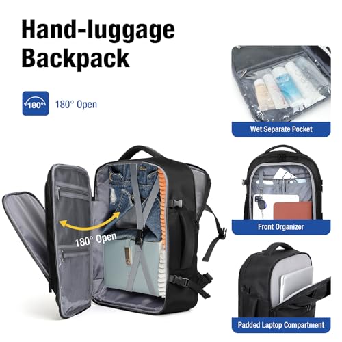 Lekespring Handgepäck Flugzeug für Herren Damen, 17 Zoll Laptop Rucksack Reiserucksack, 30L mit 6 Teilige Kleidertaschen für Urlaub Business Arbeit Reisen, Schwarz