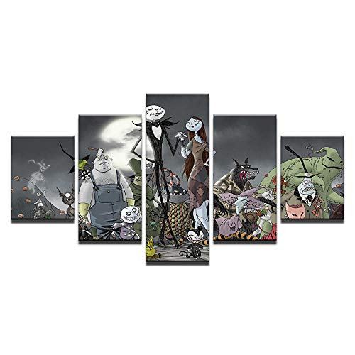 ADGUH 5 Cuadro sobre Lienzo Abstract Wall Art Pictures Halloween 5 Piezas Pesadilla Antes de Navidad Pintura Sala Lienzo HD Impresiones Carteles Impresiones en Lienzo Marco Nuevo