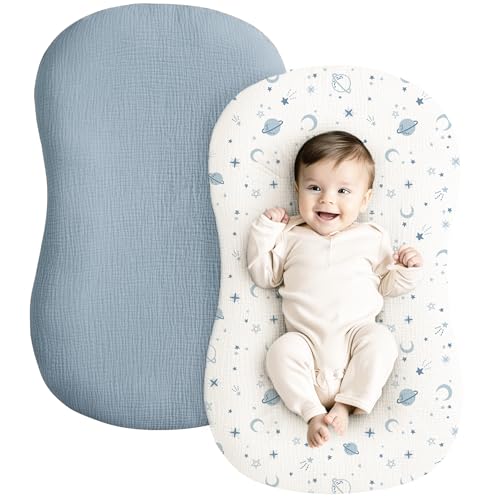 Image of Konssy Muslin Baby Lounger Cover 2 Pack, 100% Cotton Newborn Lounger Cover, Soft and Breathable Baby Nest Slipcover for Boys Girls (Star,Blue)