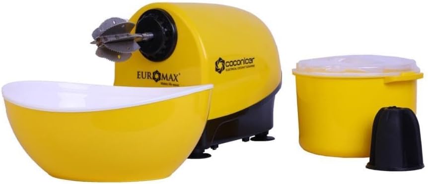 EUROMAX Coconicer Electric Coconut Scraper, Kitchen Grater with Safety Cap, Yellow