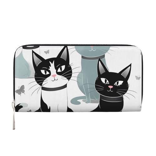 Black And White Cats Leather Wallet For Women Girl, Zip Around Credit Card Holder Long Pu Wallet Clutch Purse Waterproof Travel Handbag