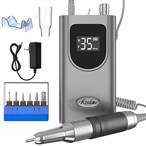 Image of Kredioo Nail Drill 35000RPM Professional Electric Nail Drill Rechargeable Portable Efile Machine 6 Bits Kit Remove Acrylic Gel Nails Dip Powder for Salon Manicure Pedicure -Grey