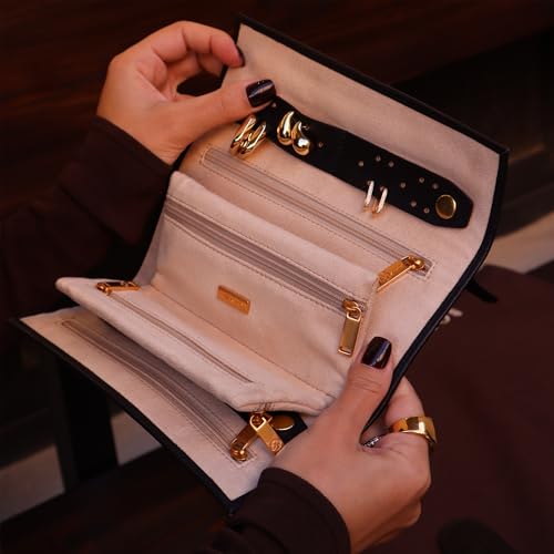 Image of Time Resistance Leather Jewelry Roll - Full Grain Leather Travel Jewelry Case - Jewellery Organizer Made in Italy (Black)