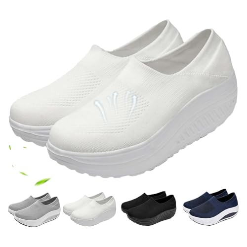 Orthopedic Shoes for Women Wide Fit, Rocker Bottom Shoes Slip-On Mesh Up Stretch Platform Orthopedic Sneakers Comfortable Walking Loafers (White,6.5)