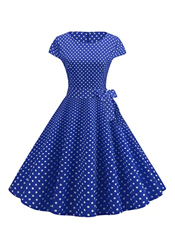 Yming Vintage Cocktailkleid Für Frauen Pünktchenkleid Mit Gürtel Audrey Hepburn Rockabilly Kleid Elegante Sommerkleider Royal Blau XL