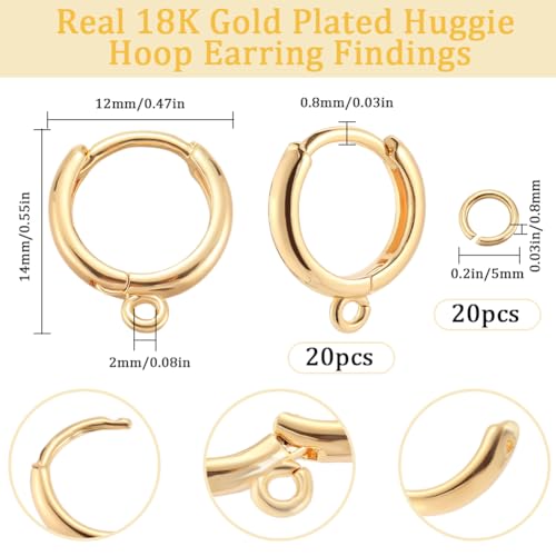 Beebeecraft 1 Box 20Pcs Real 18K Gold Plated Huggie Hoop Earring Hooks Round French Hook Earring Wires with Loop and Jump Rings Dangle Leverback Earring Findings for Jewelry Making Supplies DIY Crafts - Image 2