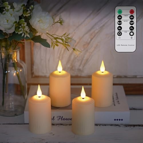 Preisvergleich Produktbild Cibnew Batteriebetrieben LED Kerzen Wasserdicht Fernbedienung Flackern Flammenlose Stumpenkerzen für Hochzeit Party Home Weihnachten,5x 10.5cm (4 Stück Beige)