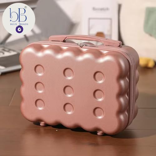Image of BLUE BEADS Travel Makeup Case with Lock & Luggage Strap, ABS Hard Shell Cosmetic Vanity Case, Portable Makeup Organizer for Women, Beauty Storage Box for Makeup & Toiletries (Rose Gold, Model 2)