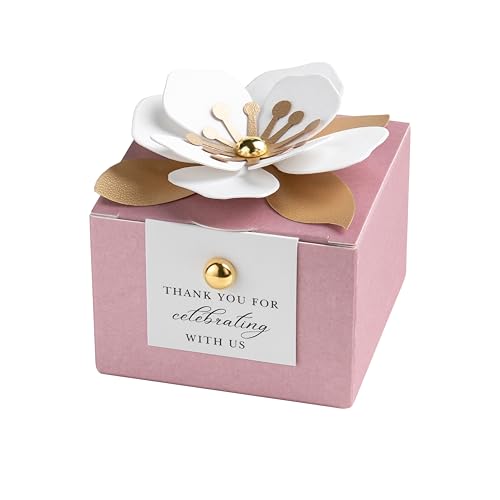 FEIYI 20 PCS Candy Boxes, 3 In 1Dusty Rose Favor Boxes with Floral Decor, White Thank You Tags Gift wrapping for Wedding Birthday Baby Shower Decorations Party -2.55x2.55x2.55''