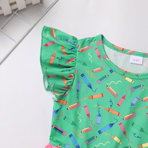 Toddler Girls Back to School Dress Flutter Sleeve Apple Pencil Print Summer Causal Dress with Bowknot Headband4
