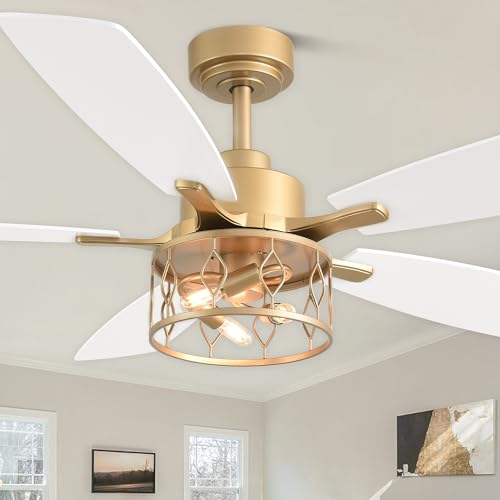 Image of 52 Inch White and Gold Ceiling Fan with Lights Modern Fandelier | Industrial Caged Fandalier, Farmhouse Rustic Chandelier Light for Living Room Bedroom, Reversible 6 Speeds, Remote Control