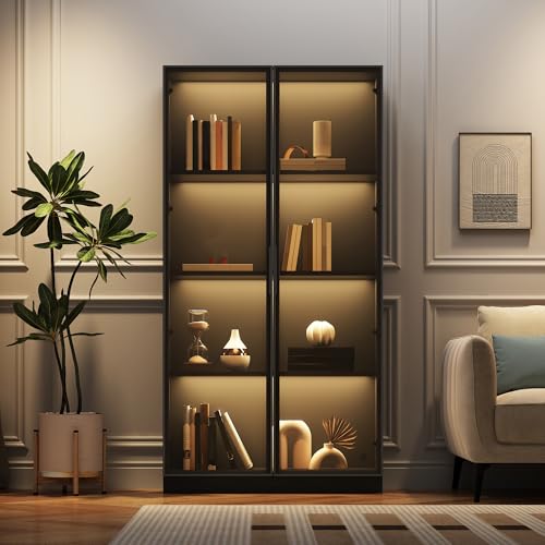 Vitrina de Vidrio de Doble Puerta con iluminación LED App Soporte gabinete Alto con estantes móviles gabinetes de Almacenamiento para Sala de Estar Dormitorio Oficina baño aparador Negro 80x40x160 cm