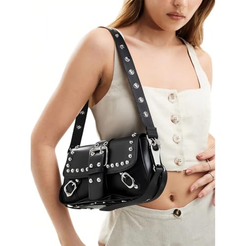Image of Women's Y2K Purse Shoulder Bag Top Handle Handbag Small Punk Hobo Clutch Purses Bags Trendy Trendy Leather Buckle Punk Purses