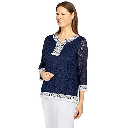 Image of Alfred Dunner Women's Petite Lace Fringe Diamond Textured Knit Top