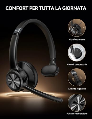 Tecknet Cuffie Bluetooth Con Microfono, Auricolare Bluetooth Singolo Con Tecnologia Bluetooth 5.2, Cuffie Call Center, Cuffie Con Microfono Per Pc For Skype/Ufficio/Telelavoro/Call Center/Camionista - 6