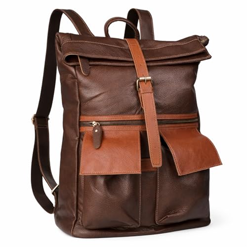 Bebowden Mochila de cuero de grano completo para hombre, diseño expandible enrollable, se adapta a laptop de 16 pulgadas y bolsillo antirrobo, Marrón claro, Mochilas de viaje