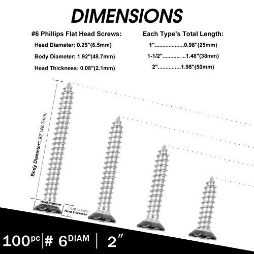 Image of Black Head 100 PCS #6X2 Stainless Steel Phillips Flat Head Wood Screws,Stainless Steel 18-8 A2(304) Screw,Home Screw Kit by QISHENG