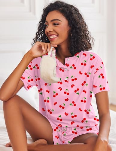 Image of Ekouaer Pajamas Set for Women Short Sleeve Lounge Set 2 Piece Loungewear PJs Soft Cute Lightweight Sleepwear