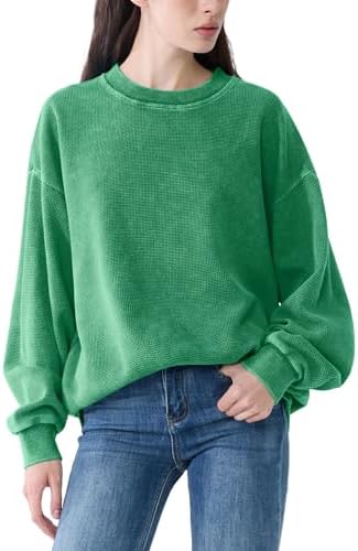 FAIABLE Acid Wash Sweatshirt for Women Oversized Waffle Crewneck ...