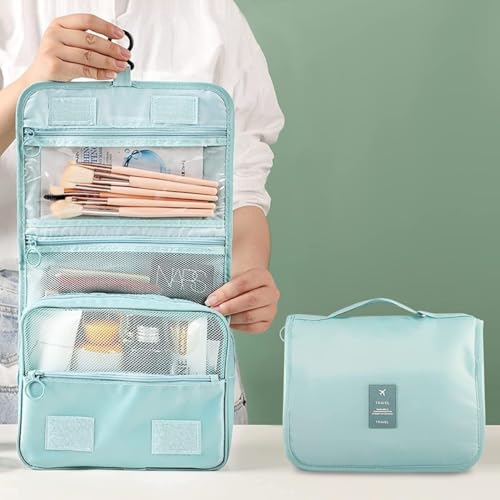 Image of Travel Toiletry Bag, Light Blue | Hanging Hook, Waterproof, Foldable, Mesh & Transparent Compartments