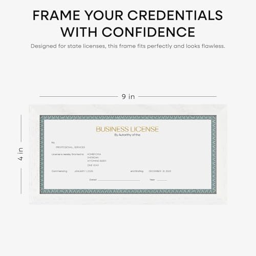 Image of Homeforia 4x9 Business License Frame White, High End Oak 4 x 9 White Wood Certificate Frames, 9x4 Wooden Document Frames for Wall or Tabletop, 4 by 9 Picture Frames, Tempered Glass, Wall Kit, Set of 1