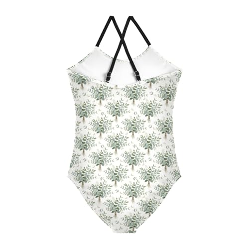 senya Girls Swimsuits One-Piece Swimwear Tie Bathing Suit Beach Summer Round Neck 4T Eucalyptus Leaves Pattern2