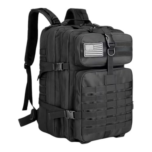 Mochila Tática Militar 45L, MOLLE, Preta com Emblema da Bandeira Americana, Resistente à Água