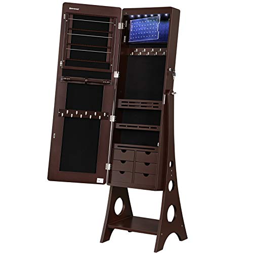 SONGMICS Jewelry Cabinet Armoire with Adjustable Light Ribbon on Beveled Edge Mirror, Jewelry Organizer with Interior 6 LED Lights, Brown UJJC67BR