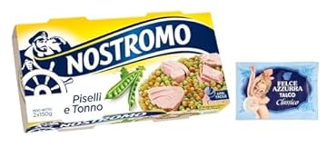 Confezione da 20 Nostromo Tonno e Piselli ,Piatto Pronto con Tonno e Piselli, Ogni Confezione Contiene 2 lattine da 150g + 1 Confezione di Talco Felce Azzurra in omaggio, Busta da 100g