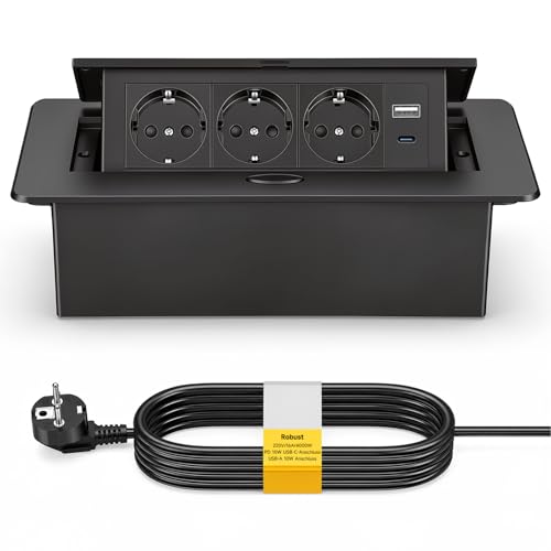 Enchufe Empotrable Mesa, Regleta Empotrable Base Múltiple Retráctil para Escritorio/Mesa Toma Empotrada con 3 Tomas Schuko + 2 USB (1 Tipo A + 1 Tipo C), Cable de 1,8 m, Negro