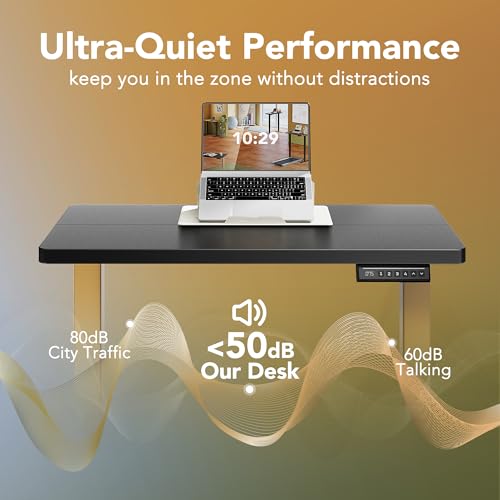 Image of HUANUO 32 inch Small Electric Standing Desk Adjustable Height, 4 Memory Height Settings, Sit Stand Up Desk for Home Office & Computer Workstation, Black and Gold Frame