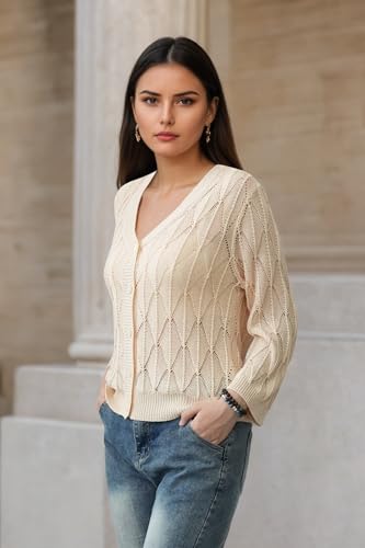 Image of Women's 2025 Crochet Sweater Cardigan 3 /4 Sleeve Lightweight Summer Knit Sweater | Open Front Boho Shrug Top | Beach Cover-Up & Office Wear | Machine Washable 21-Almond-L