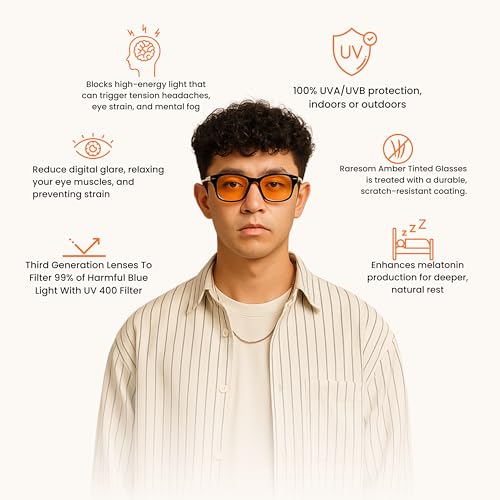 Image of Premium Amber Tinted 100% Blue Light Glasses -100% UVA /UVB Blue Light Eyeglasses, Computer & Gaming Glasses - For Men & Women, Anti-Glare, Eye Strain Relief, Sleep Enhancement.