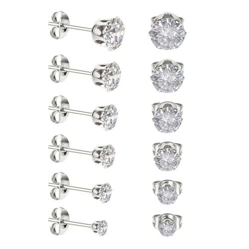 Cubic Zirconia Earrings Studs Set - Hypoallergenic Surgical Stainless Steel for Sensitive Ears - Diamond-Like Shine CZ - Flat Back Cartilage - Daily Wear Jewelry for Women & Men